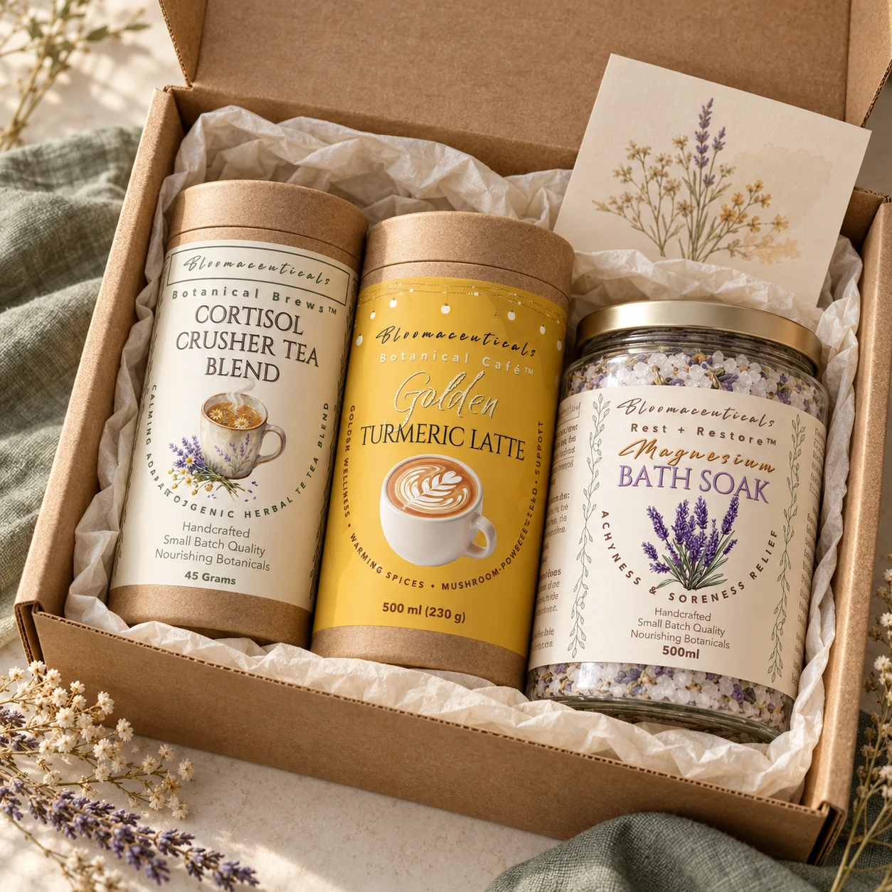 Discovery subscription box mockup using supplied Bloomaceuticals label artwork