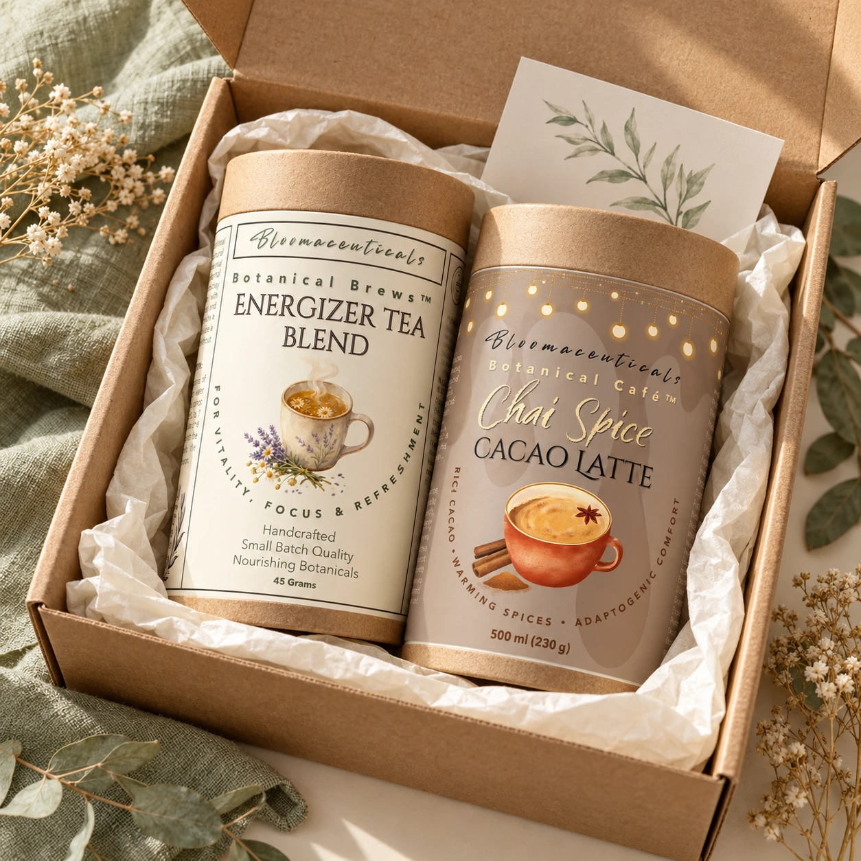 Essential subscription box mockup using supplied Bloomaceuticals label artwork